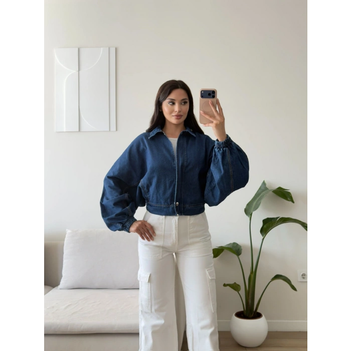 Yarasa Balon Kol Denim Ceket - KOYUMAVİ