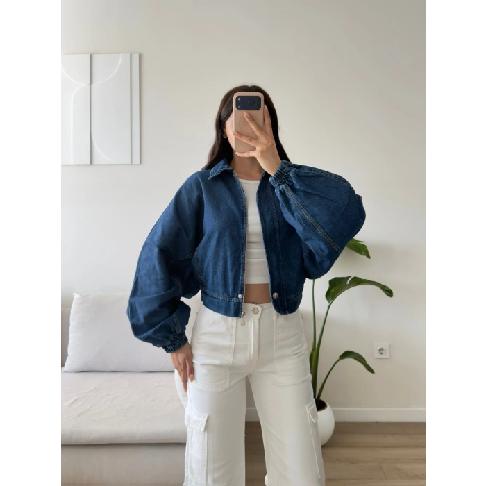 Yarasa Balon Kol Denim Ceket - KOYUMAVİ
