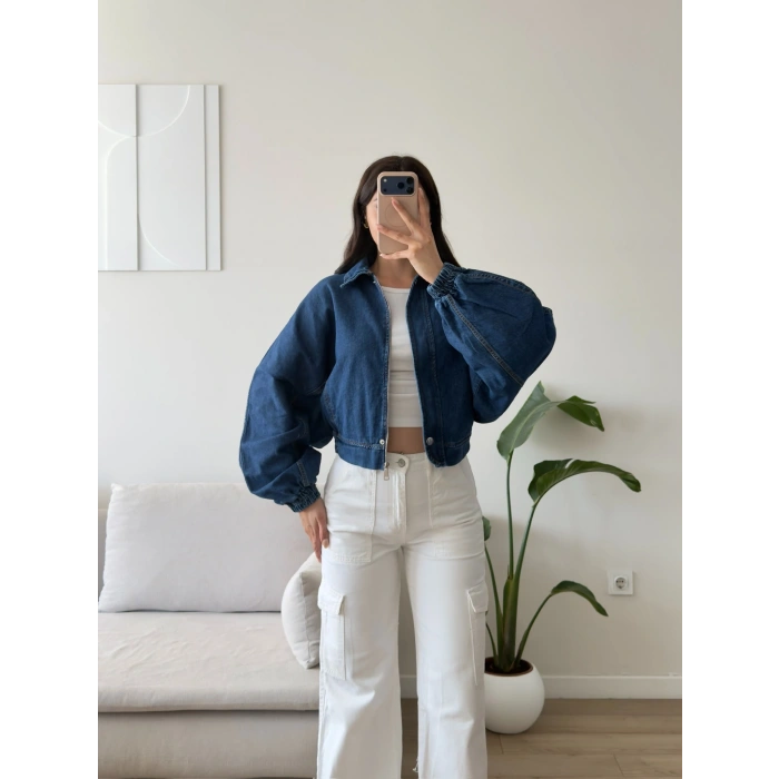 Yarasa Balon Kol Denim Ceket - KOYUMAVİ