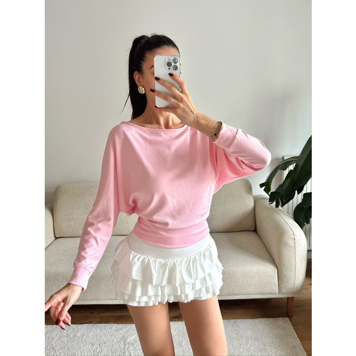 Yarasa Kayık Yaka Bluz - PEMBE