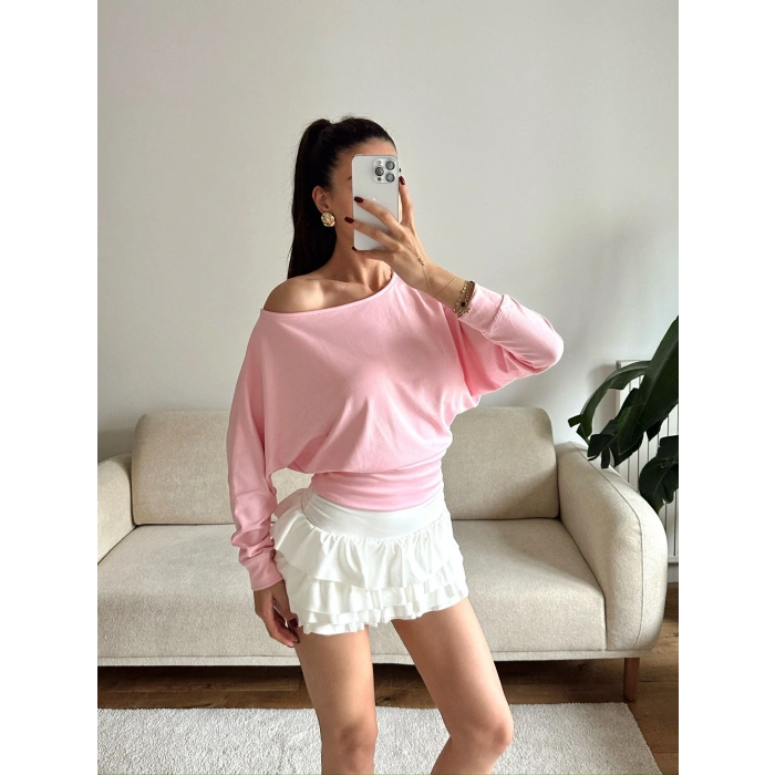 Yarasa Kayık Yaka Bluz - PEMBE