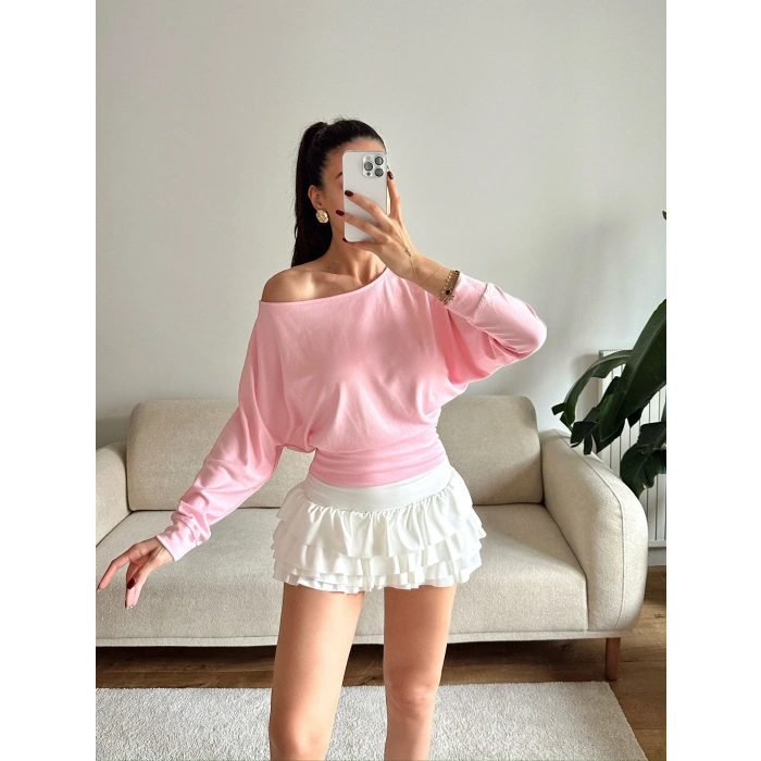 Yarasa Kayık Yaka Bluz - PEMBE