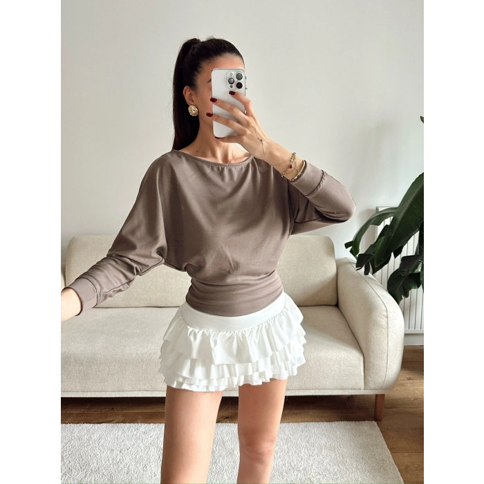 Yarasa Kayık Yaka Bluz - VİZON