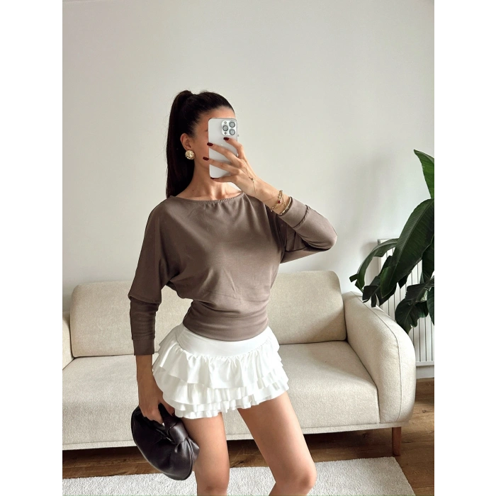 Yarasa Kayık Yaka Bluz - VİZON