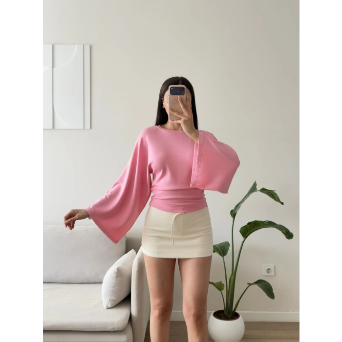 Yarasa Kol Büzgülü Bluz - PEMBE
