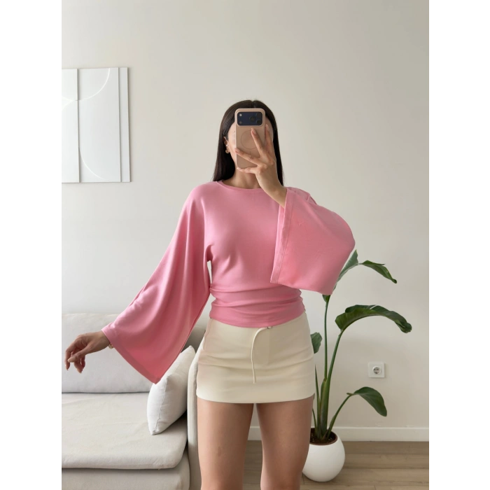 Yarasa Kol Büzgülü Bluz - PEMBE