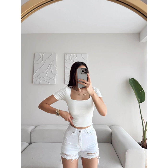 Lazer Kesim Denim Şort - BEYAZ