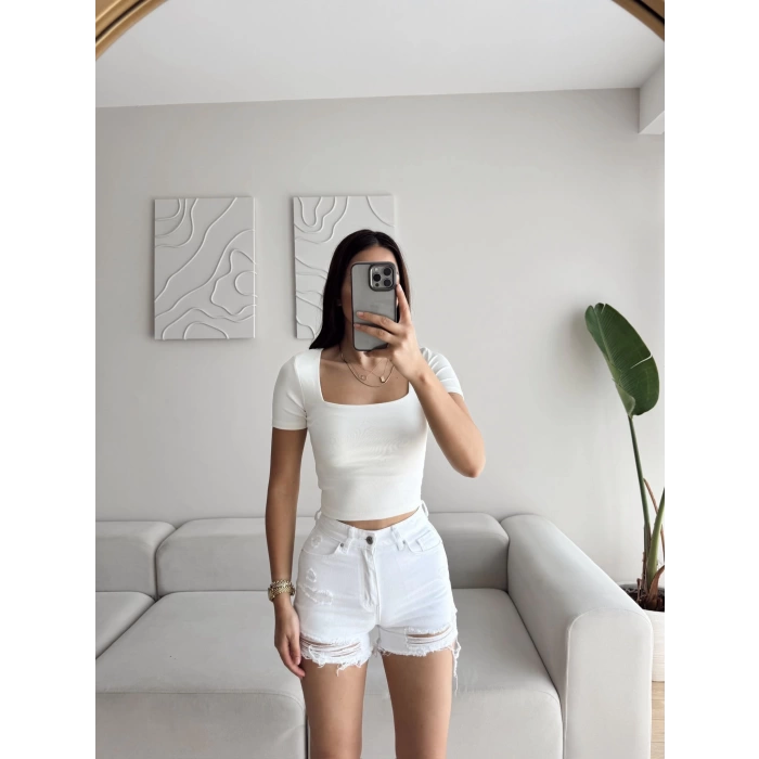 Lazer Kesim Denim Şort - BEYAZ