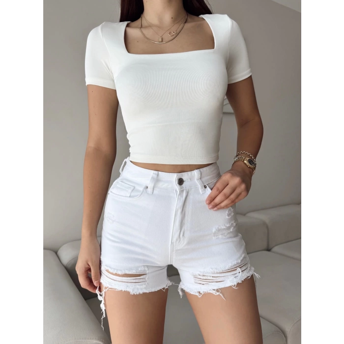 Lazer Kesim Denim Şort - BEYAZ