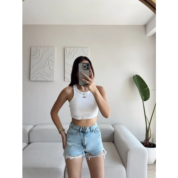 Lazer Kesim Denim Şort - AÇIK MAVİ