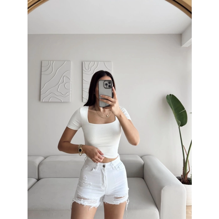 Lazer Kesim Denim Şort - BEYAZ