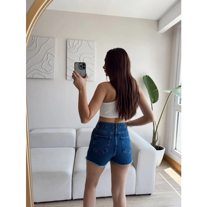 Lazer Kesim Denim Şort - KOYU MAVİ