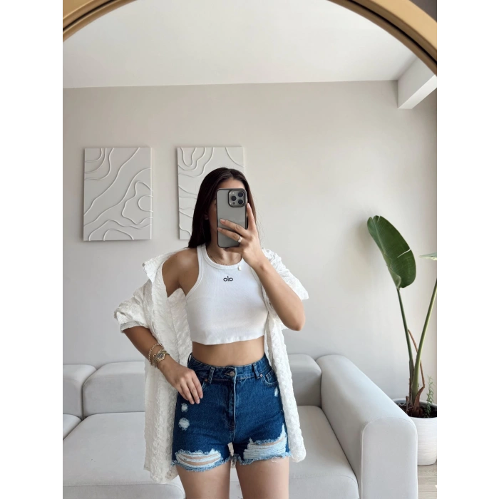 Lazer Kesim Denim Şort - KOYU MAVİ