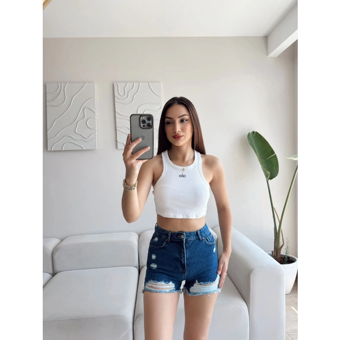 Lazer Kesim Denim Şort - KOYU MAVİ