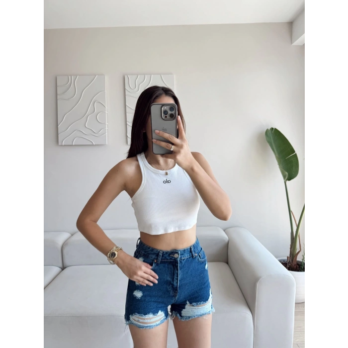 Lazer Kesim Denim Şort - KOYU MAVİ