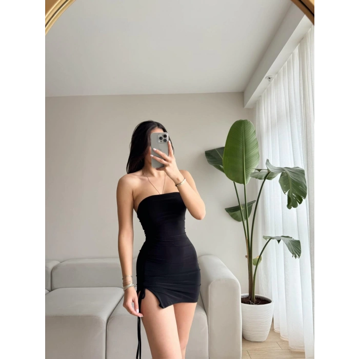 Yırtmaç Detay Bağlamalı Straplez Elbise-SİYAH