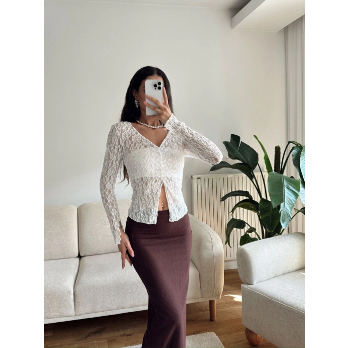 Yırtmaç Detay Dantel Crop - BEYAZ