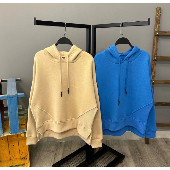 Yırtmaç Detay Kapüşonlu Oversize Sweat-BEJ