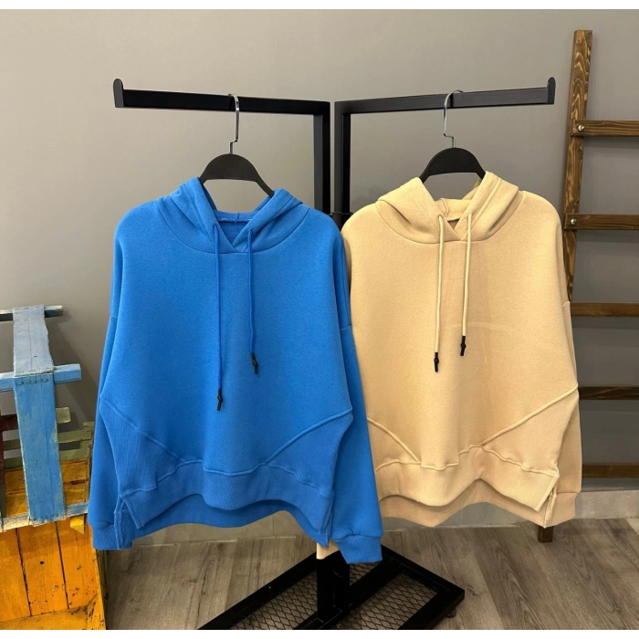 Yırtmaç Detay Kapüşonlu Oversize Sweat-MAVİ