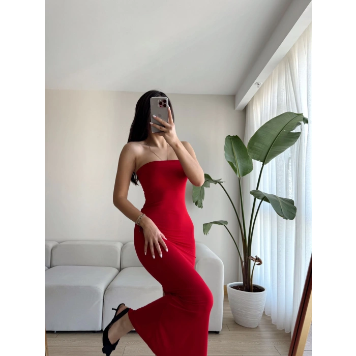 Yırtmaç Detay Straplez Uzun Elbise-KIRMIZI