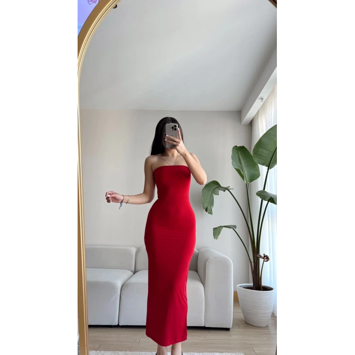 Yırtmaç Detay Straplez Uzun Elbise-KIRMIZI