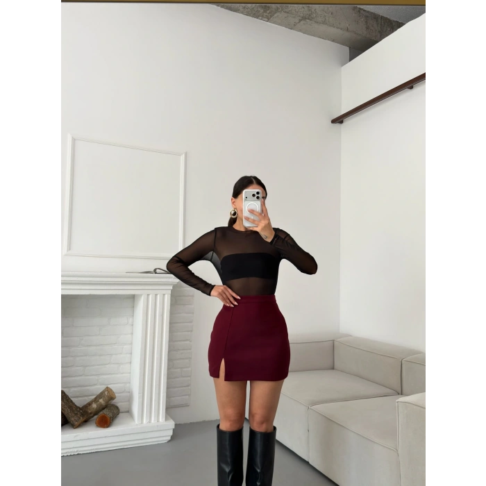 Yırtmaçlı Kaşe Etek - BORDO