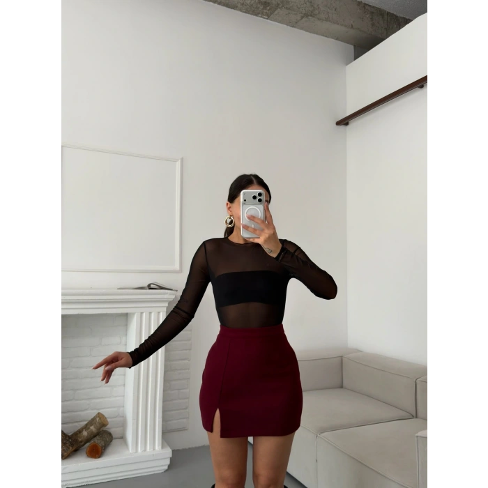 Yırtmaçlı Kaşe Etek - BORDO