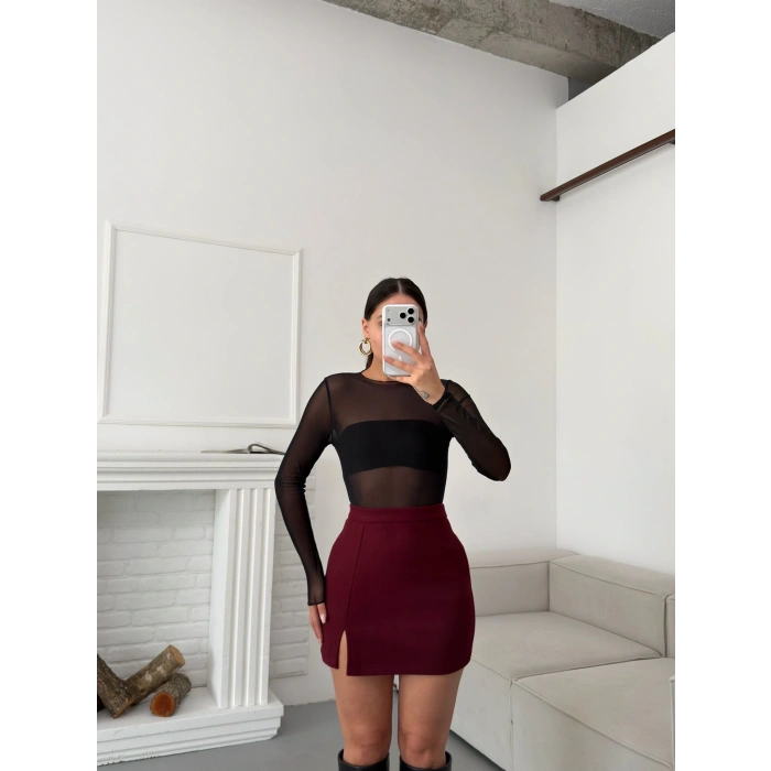 Yırtmaçlı Kaşe Etek - BORDO