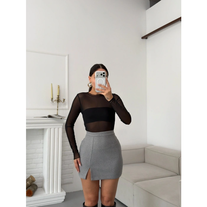 Yırtmaçlı Kaşe Etek - GRİ