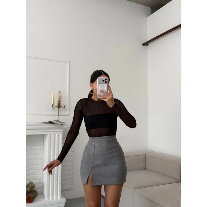 Yırtmaçlı Kaşe Etek - GRİ