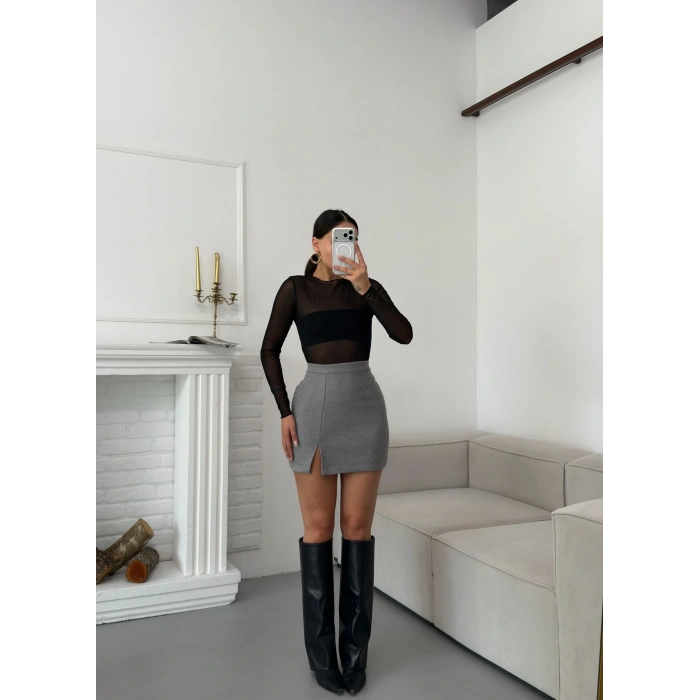 Yırtmaçlı Kaşe Etek - GRİ