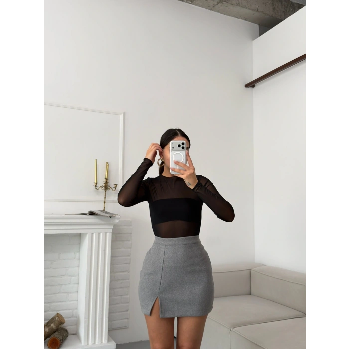 Yırtmaçlı Kaşe Etek - GRİ