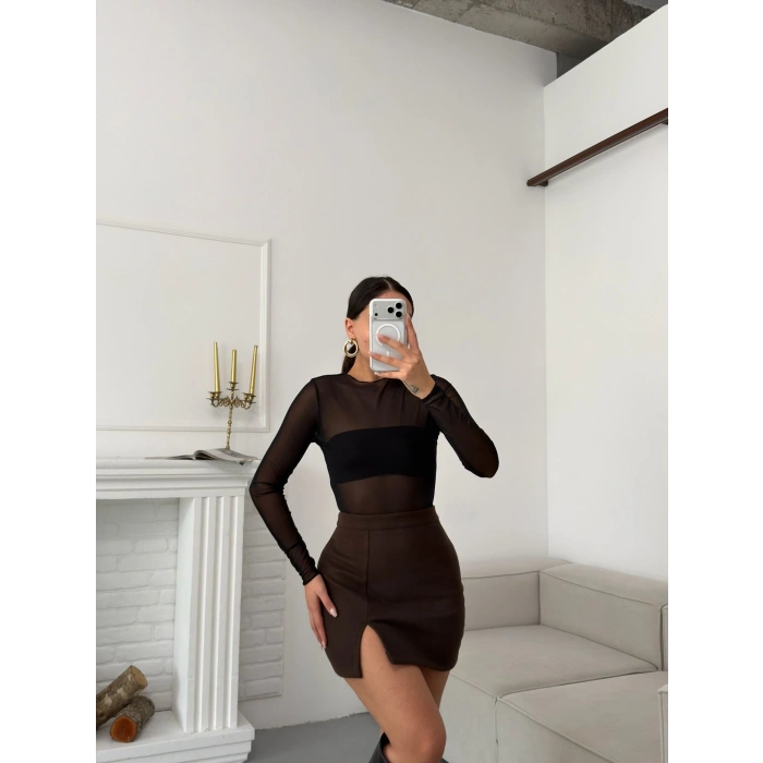 Yırtmaçlı Kaşe Etek - KAHVE