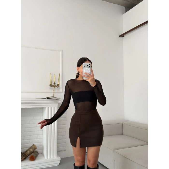 Yırtmaçlı Kaşe Etek - KAHVE