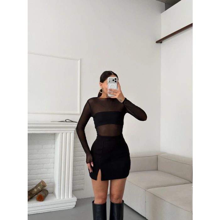 Yırtmaçlı Kaşe Etek - SİYAH