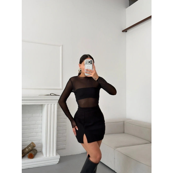 Yırtmaçlı Kaşe Etek - SİYAH