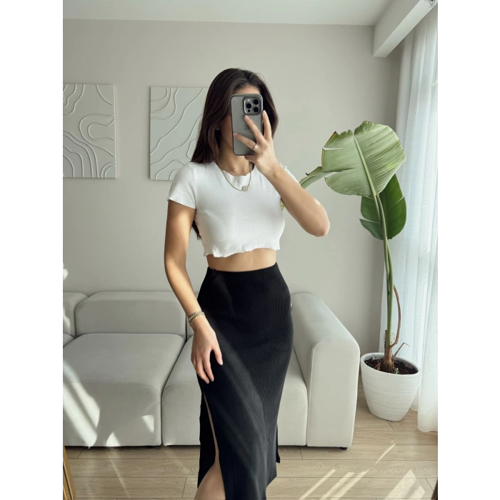 Yırtmaçlı Kaşkorse Etek - SİYAH