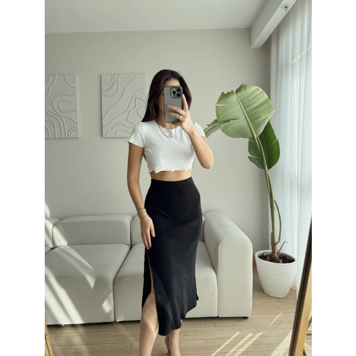 Yırtmaçlı Kaşkorse Etek - SİYAH