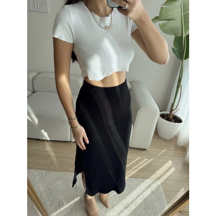 Yırtmaçlı Kaşkorse Etek - SİYAH