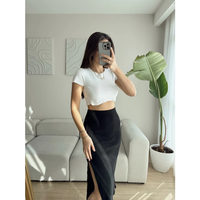 Yırtmaçlı Kaşkorse Etek - SİYAH