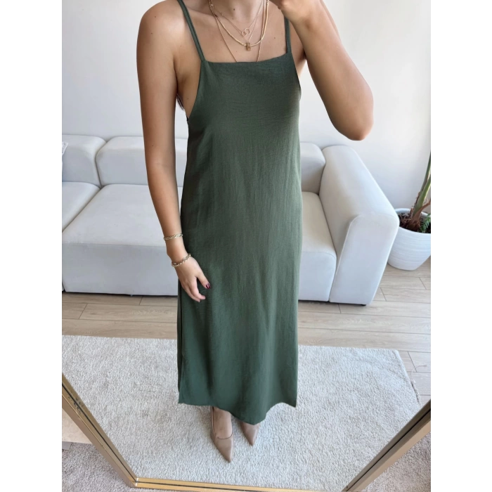 Yırtmaçlı Keten Askılı Elbise - HAKİ