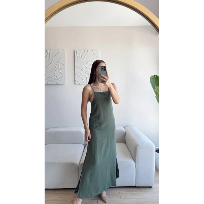 Yırtmaçlı Keten Askılı Elbise - HAKİ
