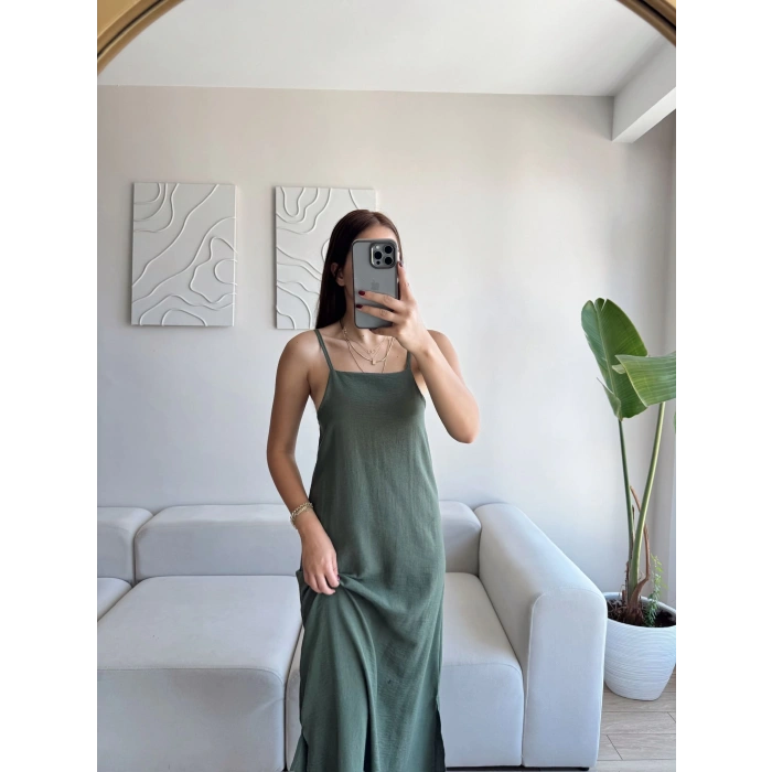 Yırtmaçlı Keten Askılı Elbise - HAKİ