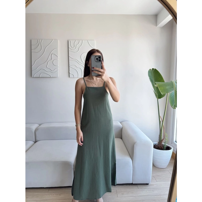 Yırtmaçlı Keten Askılı Elbise - HAKİ
