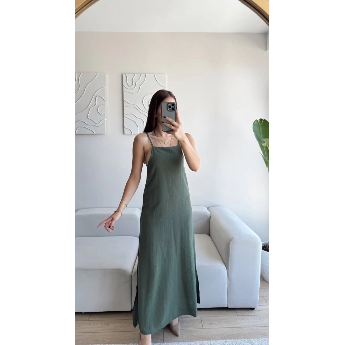 Yırtmaçlı Keten Askılı Elbise - HAKİ