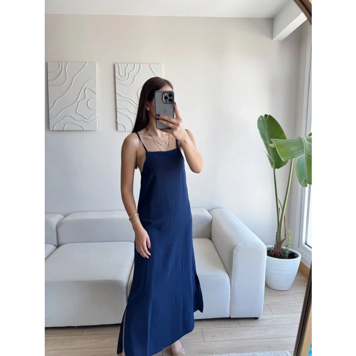Yırtmaçlı Keten Askılı Elbise - LACİVERT