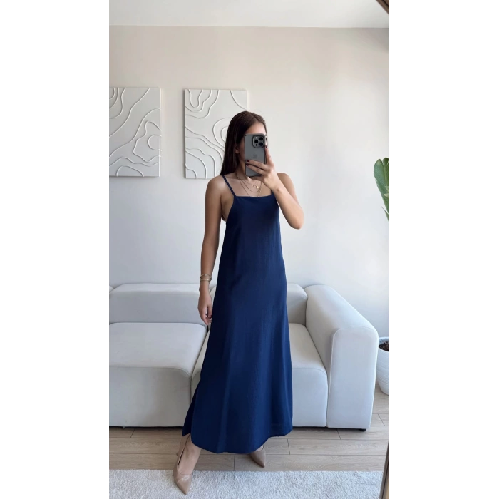 Yırtmaçlı Keten Askılı Elbise - LACİVERT