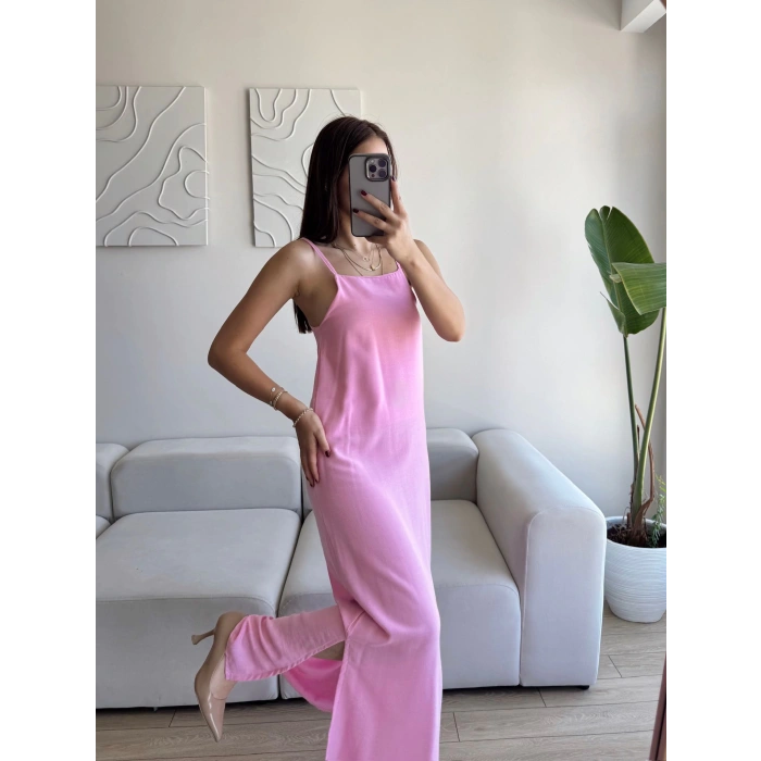 Yırtmaçlı Keten Askılı Elbise - PEMBE