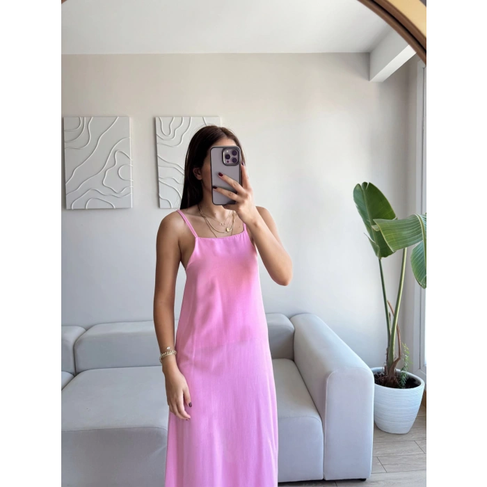 Yırtmaçlı Keten Askılı Elbise - PEMBE