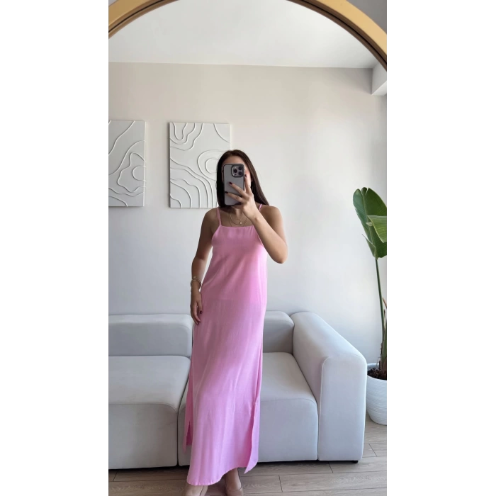 Yırtmaçlı Keten Askılı Elbise - PEMBE